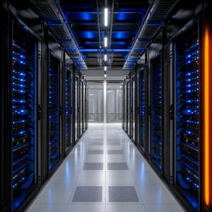 Modern Datacenter with Blue LED Server Racks and Orange Accent Light