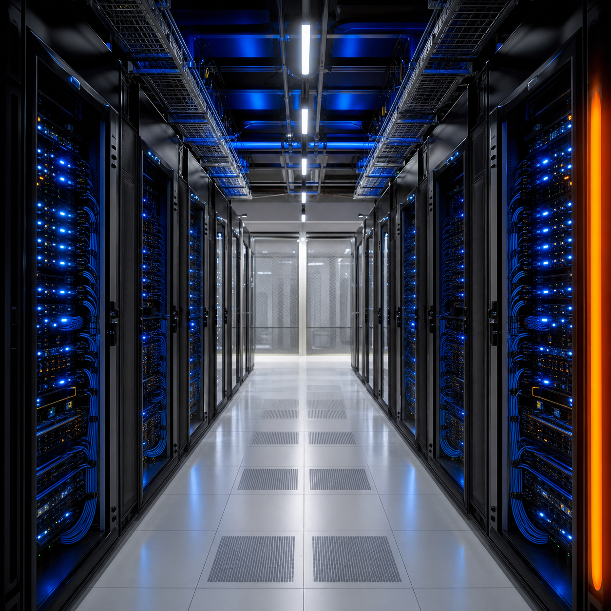 Modern Datacenter with Blue LED Server Racks and Orange Accent Light
